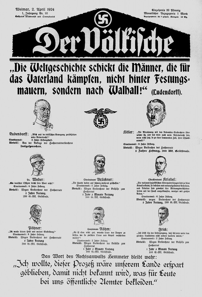 »Der Völkische«, die erste nationalsozialistische Zeitung in Thüringen, gegründet im Frühjahr 1924 von Hans Severus Ziegler, Titelblatt vom 2. April 1924 zum Hitler-Ludendorff-Prozess in München