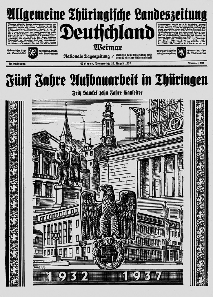 »Fünf Jahre Aufbauarbeit in Thüringen«, Titelseite der Allgemeinen Thüringischen Landeszeitung Deutschland, 26. August 1937