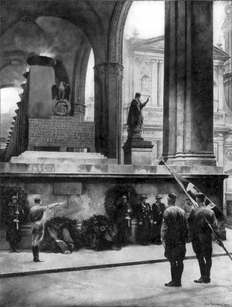 Feierlichkeiten zum 9. November am »Ehrenmal für die Gefallenen der Bewegung«
an der Feldherrnhalle in München, Gemälde von Paul Herrmann mit dem Titel »Und
ihr habt doch gesiegt«. Das Bild wurde auf der »Großen Deutschen Kunstausstellung« 1942 gezeigt