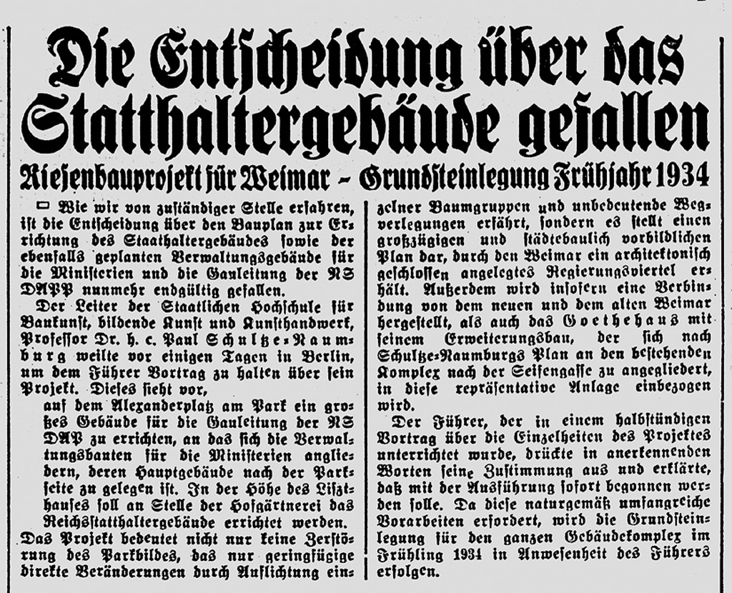 Mitteilung zu den geplanten Parteibauten am Alexanderplatz (heute: Beethovenplatz), Thüringische Staatszeitung vom 21. Oktober 1933