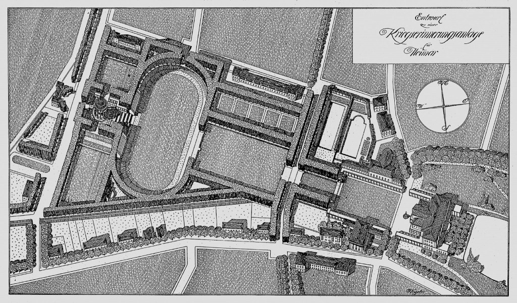 Entwurf für eine »Kriegserinnerungsstätte« als Teil eines Sportparks im Bereich des Asbachgrünzugs, Entwurf: Stadtbaurat August Lehrmann und Stadtarchitekt Max Vogeler, 1918/​19 