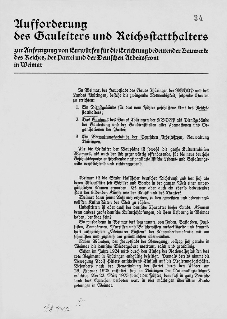 »Aufforderung des Gauleiters und Reichsstatthalters zur Anfertigung von Entwürfen für die Errichtung bedeutender Bauwerke des Reiches, der Partei und der Deutschen Arbeitsfront in Weimar.« Fritz Sauckel, November 1935, 1/​3