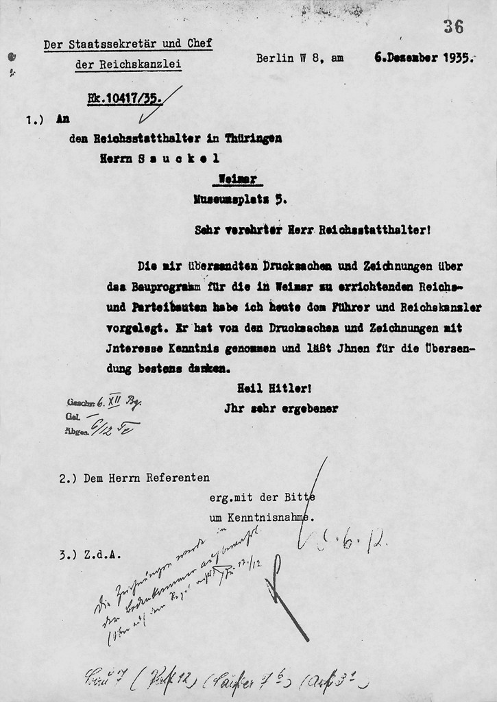 Bestätigung des Chefs der Reichskanzlei, dass die Planungen für das Gauforum in Weimar Hitler vorgelegt worden waren, Dezember 1935
