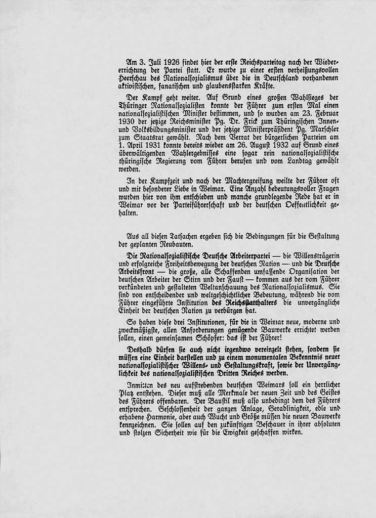 »Aufforderung des Gauleiters und Reichsstatthalters zur Anfertigung von Entwürfen für die Errichtung bedeutender Bauwerke des Reiches, der Partei und der Deutschen Arbeitsfront in Weimar.« Fritz Sauckel, November 1935, 2/​3