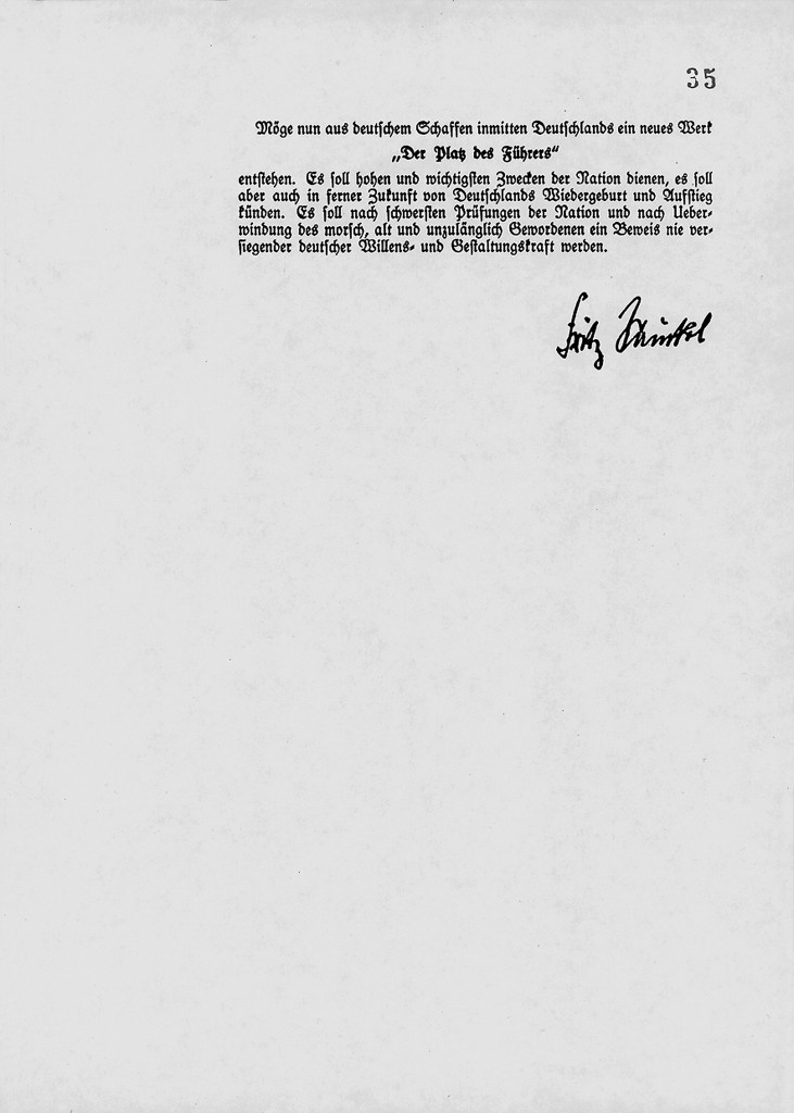 »Aufforderung des Gauleiters und Reichsstatthalters zur Anfertigung von Entwürfen für die Errichtung bedeutender Bauwerke des Reiches, der Partei und der Deutschen Arbeitsfront in Weimar.« Fritz Sauckel, November 1935, 3/​3