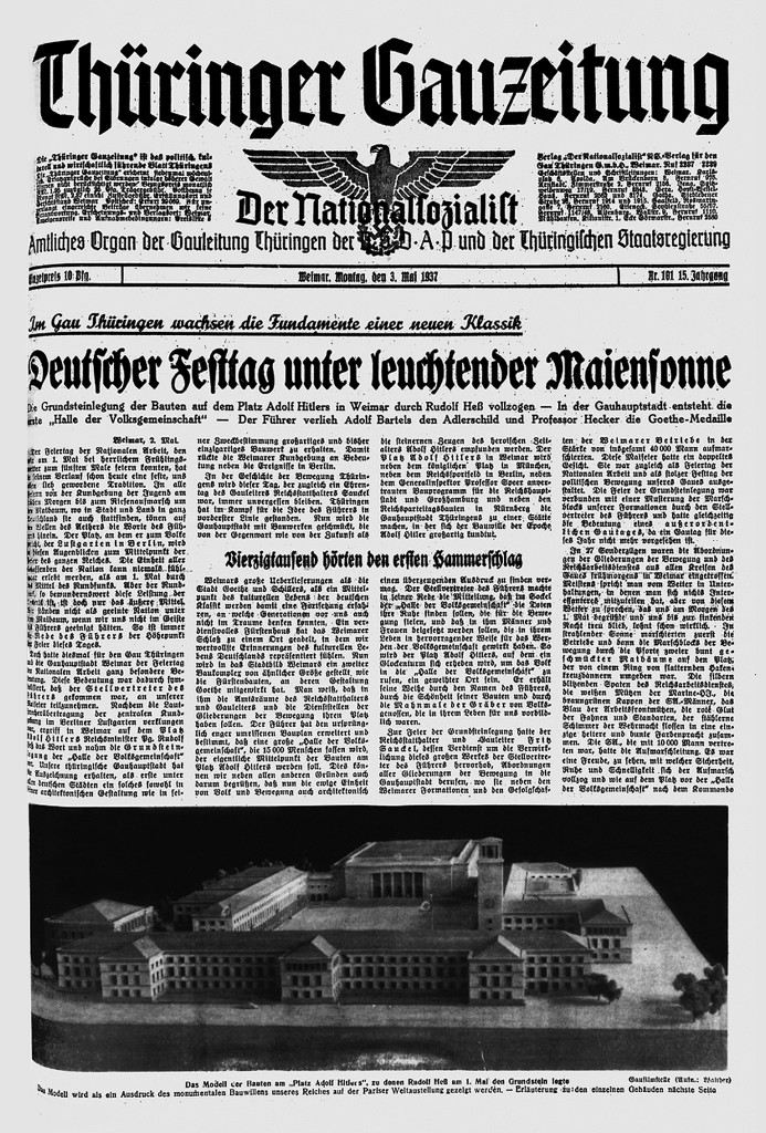 Titelseite der Thüringer Gauzeitung zur Grundsteinlegung der Bauten am Platz Adolf Hitlers am 1. Mai 1937