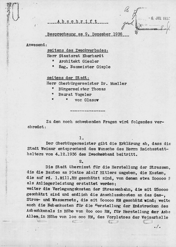Beitritt der Stadt Weimar zum Zweckverband »Bauten am Platz Adolf Hitlers«, Protokoll (Auszug) der Beratung am 9. Dezember 1936, 1/​2