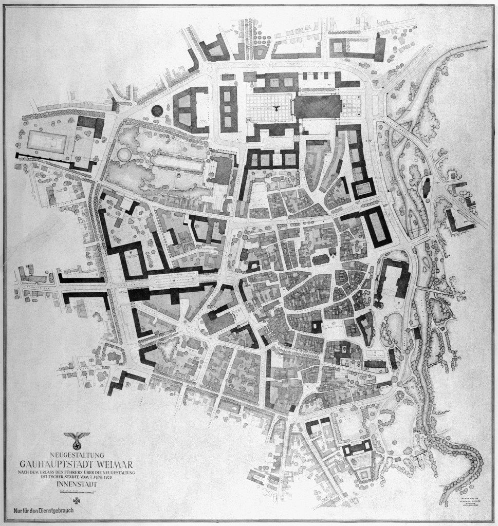 Neugestaltungsplan der »Gauhauptstadt« Weimar, Planungsstand 27. Oktober 1942, Entwurf: Büro Hermann Giesler, neben den Gebäuden am Gauforum sah der Plan weitere 13 neue Einzelbauten und größere Bauprojekte in der Innenstadt vor, die Altstadt sollte durch Monumentalbauten entlang eines neuen Stadtrings eingefasst werden