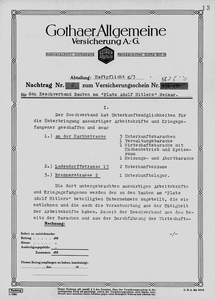 Versicherungsschein für den Zweckverband »Bauten am Platz Adolf Hitlers« für Baracken zur Unterbringung von Kriegsgefangenen und »auswärtigen Arbeitskräften«