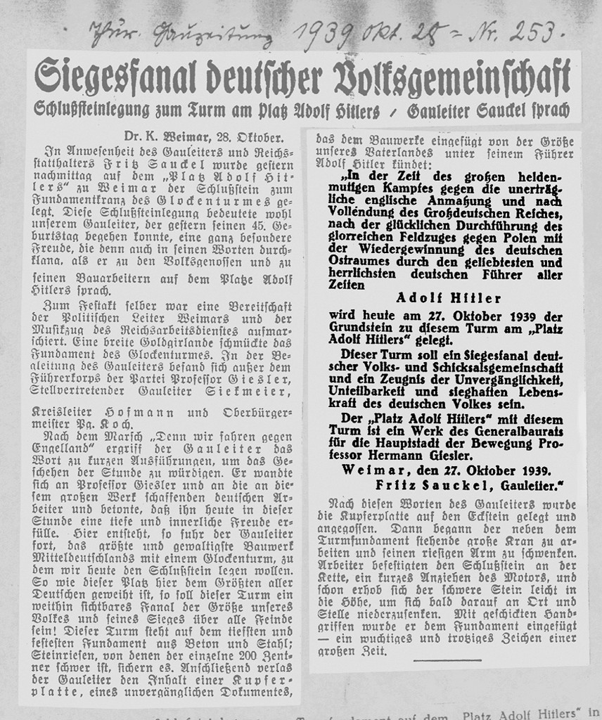 Mitteilung der Thüringer Gauzeitung vom 28. Oktober 1939 zur Grundsteinlegung am Turm des Gebäudes für den Reichsstatthalter und die Gauleitung.