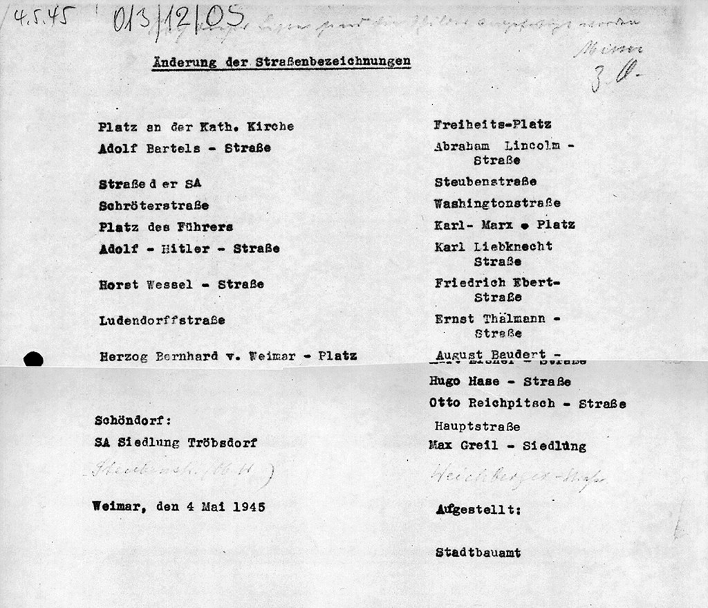 Aufstellung des Stadtbauamts vom 4. Mai 1945 über umzubenennende Straßen und Plätze (Ausschnitt)