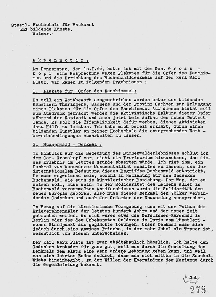 Aktennotiz von Hermann Henselmann zur Errichtung eines Buchenwald-Denkmals auf dem Karl-Marx-Platz, 11. Januar 1946, 1/​3