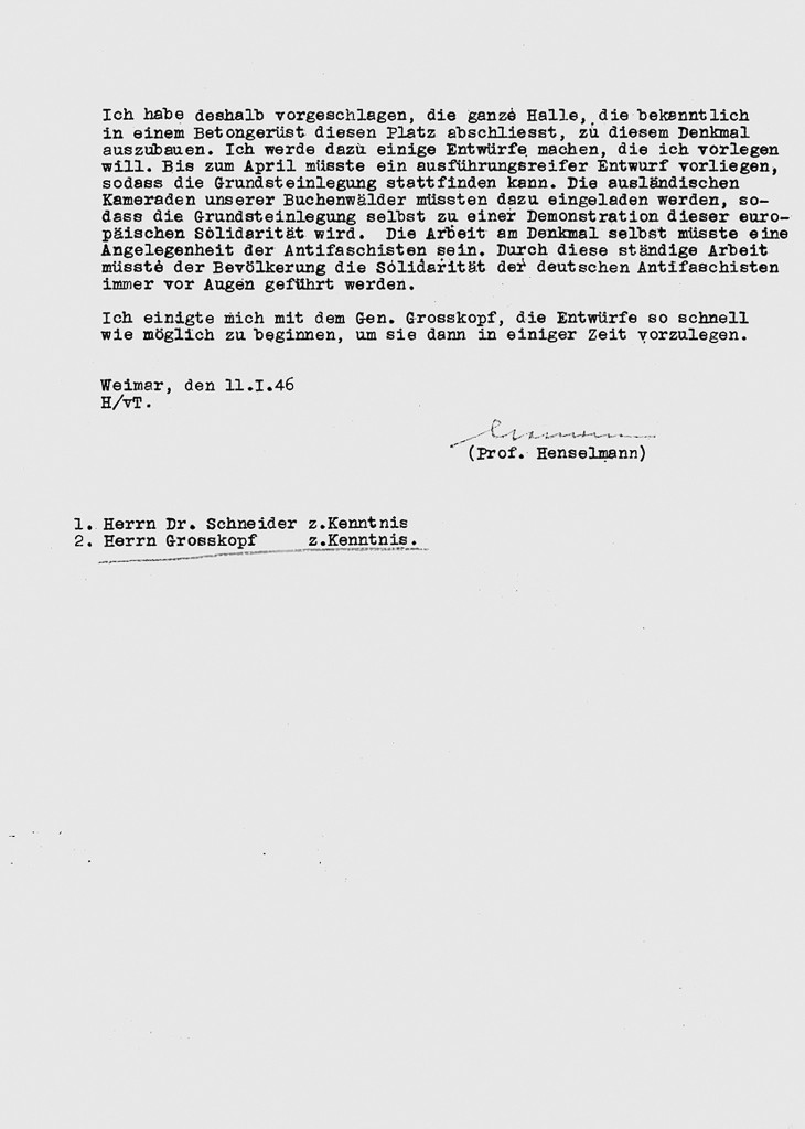 Aktennotiz von Hermann Henselmann zur Errichtung eines Buchenwald-Denkmals auf dem Karl-Marx-Platz, 11. Januar 1946, 2/​2