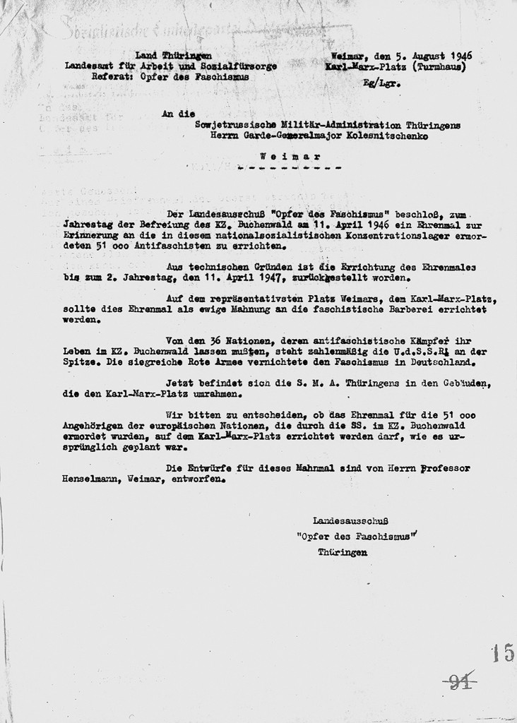 Aktennotiz von Hermann Henselmann zur Errichtung eines Buchenwald-Denkmals auf dem Karl-Marx-Platz, 11. Januar 1946, 3/​3