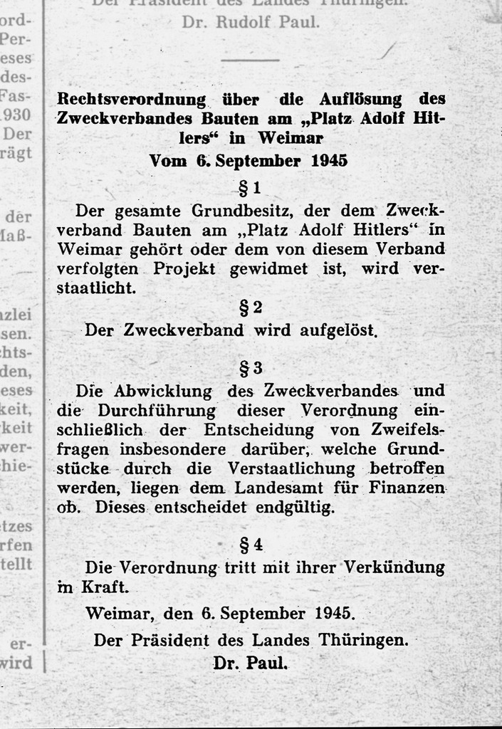 Rechtsverordnung zur Auflösung des »Zweckverbandes Bauten am Platz Adolf Hitlers« vom 6. September 1945