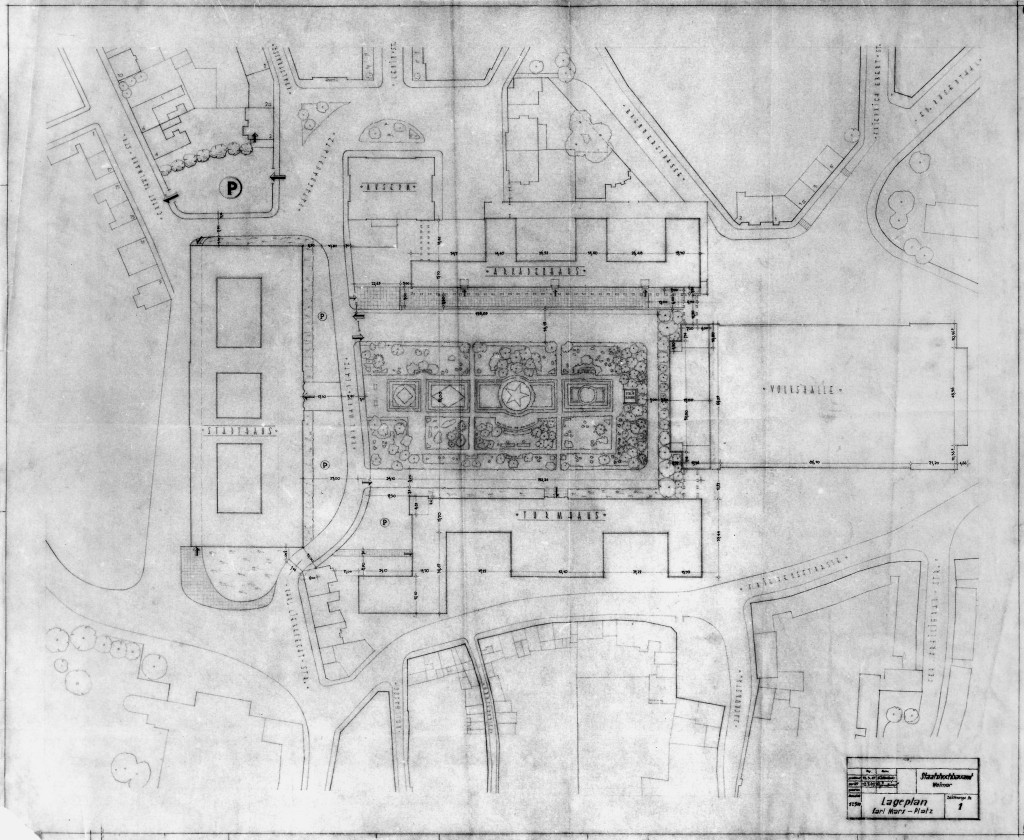 Freiflächengestaltung des Karl-Marx-Platzes mit dem Stalin-Denkmal vor der »Volkshalle«, 1947 Lageplan