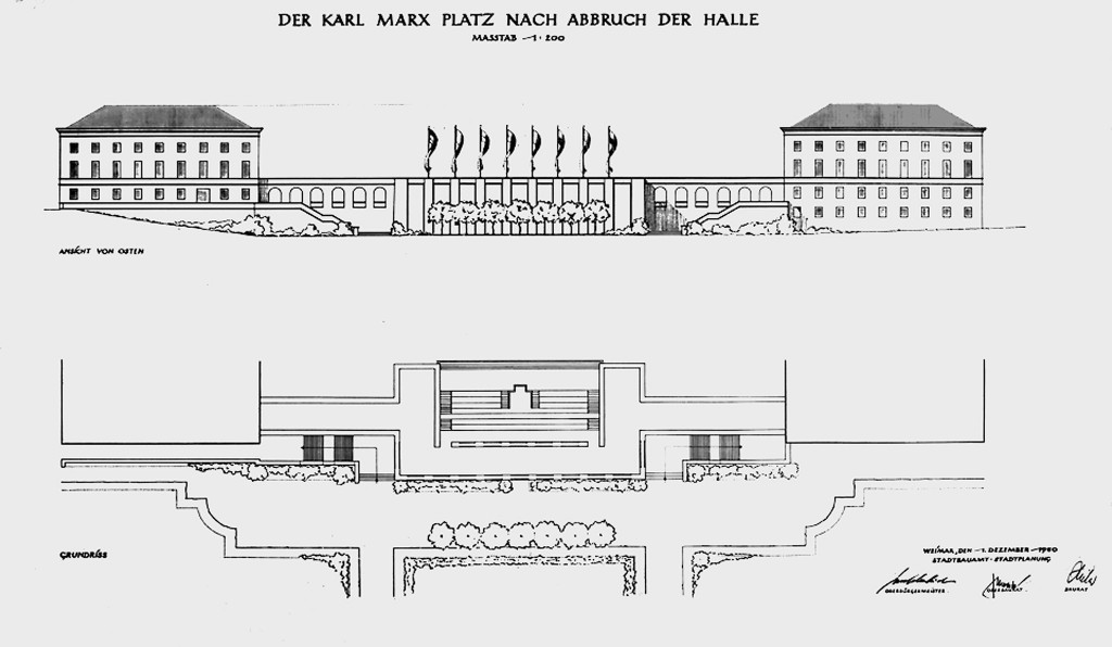 Umgestaltungsplan des Stadtbauamts Weimar für den Karl-Marx-Platz mit Abbruch der Halle,
22. Mai 1951 Stadtplanungsamt Weimar, Thüringische Landeszeitung, 7. November 1959