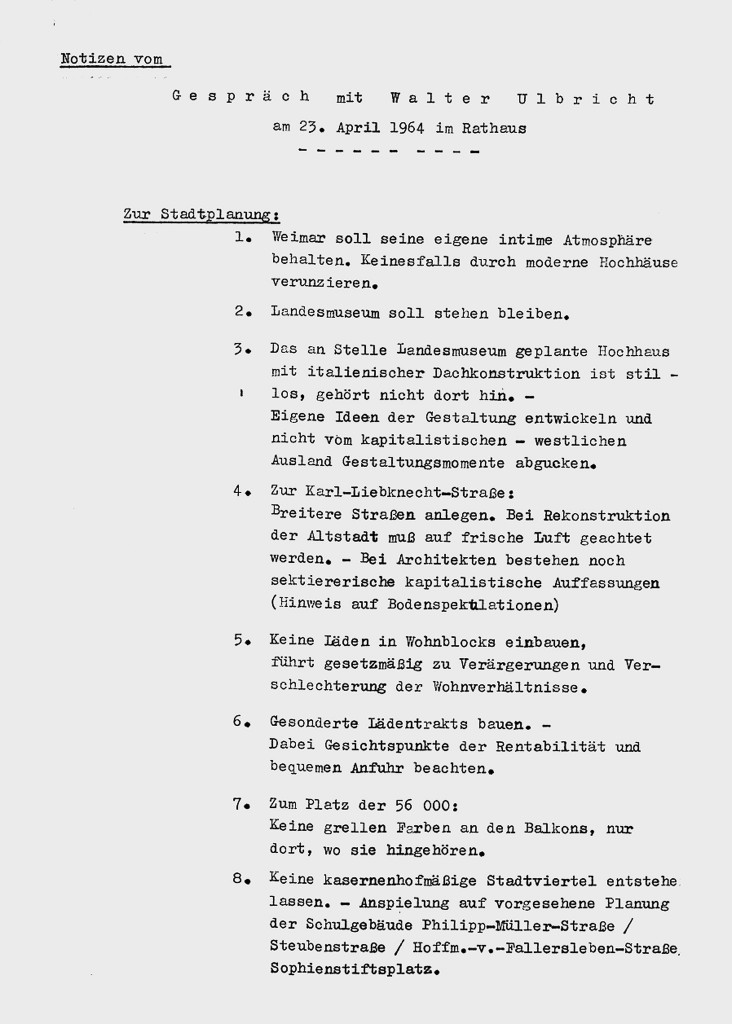 Walter Ulbricht zur Stadtplanung für Weimar, Gesprächsnotizen anlässlich seines Besuches in Weimar im April 1964, 1/​2