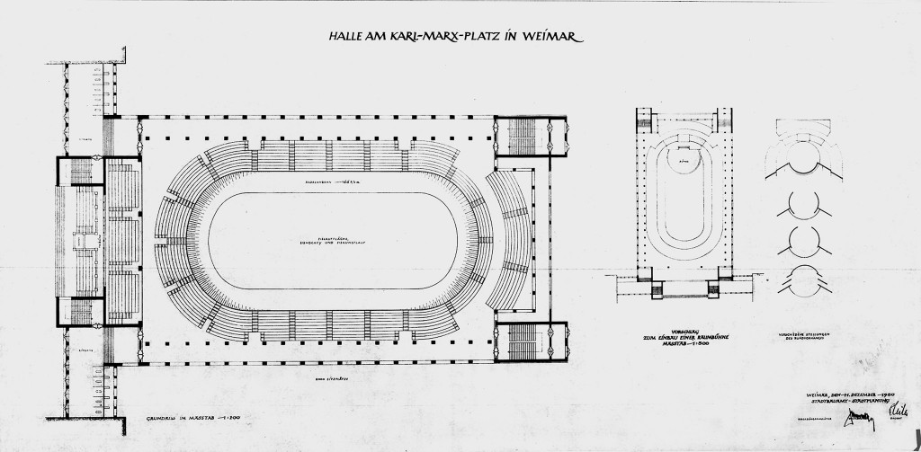 Nutzungsentwurf mit Raumbühne, Eislauffläche, Radrennbahn und einer Tribüne mit 5.000 Sitzplätzen, Stadtbauamt, 11. Dezember 1950