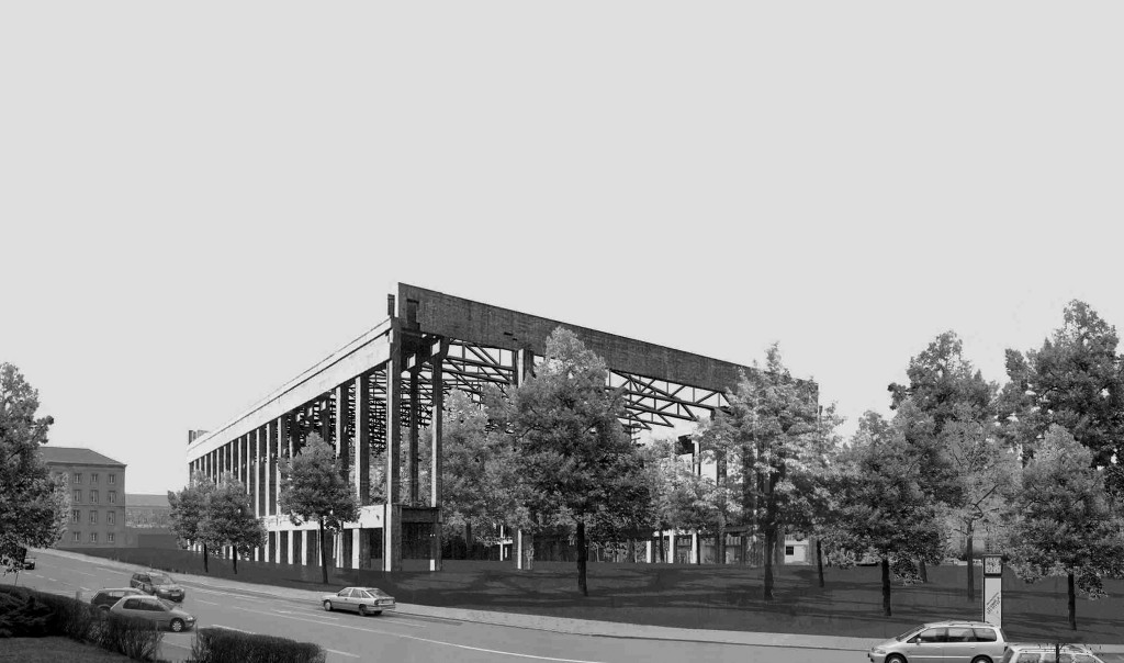 Gutachten von Diener &amp; Diener Architekten zum Wettbewerb für das Einkaufszentrum Weimar, 2002, mit dem Vorschlag, die Halle auf den Zustand von 1944 zurückzubauen und das Einkaufszentrum auf dem Platz zu bauen. 1/​2