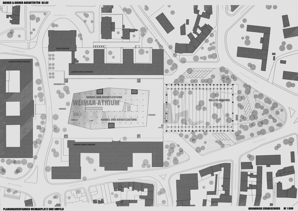 Gutachten von Diener &amp; Diener Architekten zum Wettbewerb für das Einkaufszentrum Weimar, 2002, mit dem Vorschlag, die Halle auf den Zustand von 1944 zurückzubauen und das Einkaufszentrum auf dem Platz zu bauen 2/​2