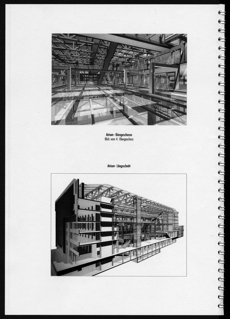 Erster Entwurf der Saller Unternehmensgruppe zum Innenausbau der Halle. Blick auf die Stahlbinderkonstruktion aus der NS-Zeit im 4. Obergeschoss, die unter Denkmalschutz gestellt wurde.